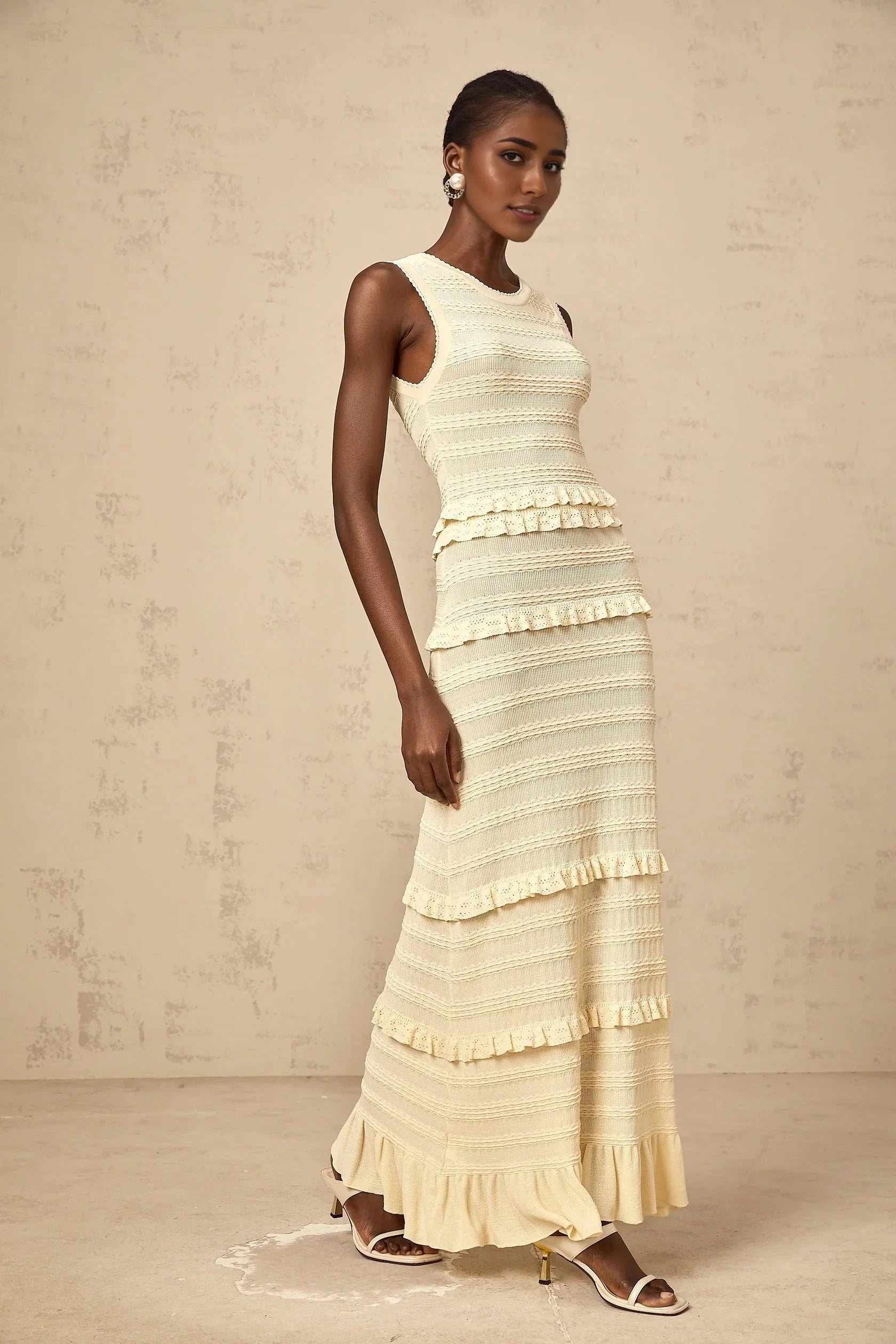 Cream Sleeveless Ruffled Tiered Maxi Dress beige ruffled sleeveless knit maxi dress Evening Dress by YiHuiw