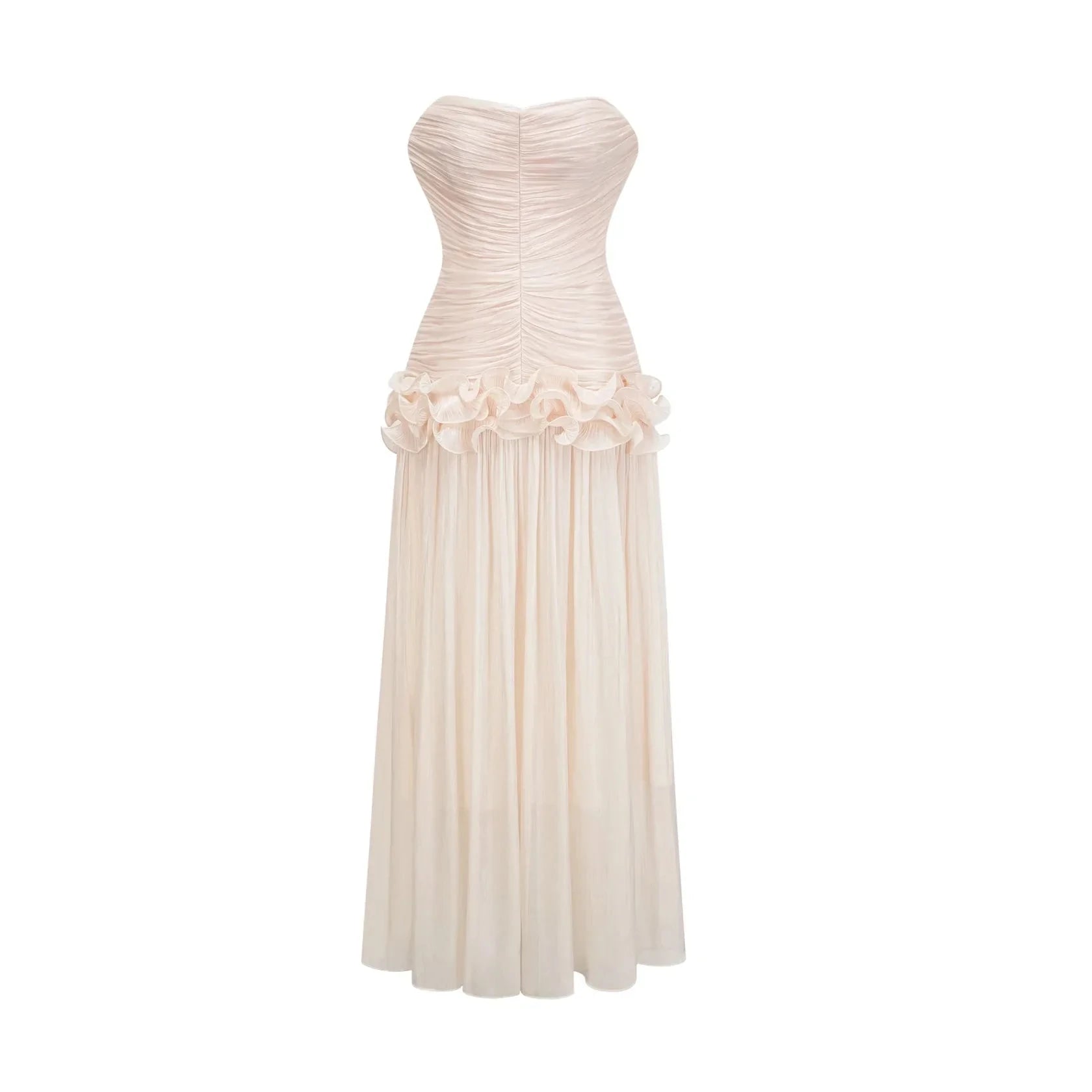 Cream-Strapless-Ruched-Maxi-Dress-with-Ruffle-Detail neutrals ruffled pleated maxi dress by YiHuiw
