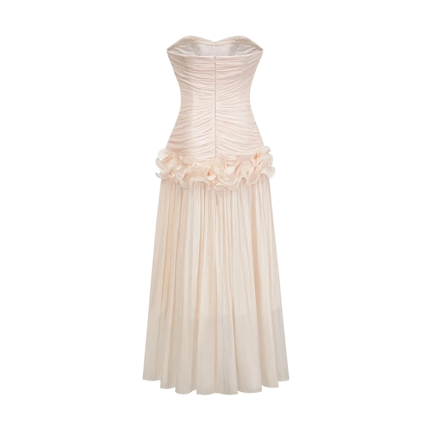 Cream-Strapless-Ruched-Maxi-Dress-with-Ruffle-Detail neutrals ruffled pleated maxi dress by YiHuiw