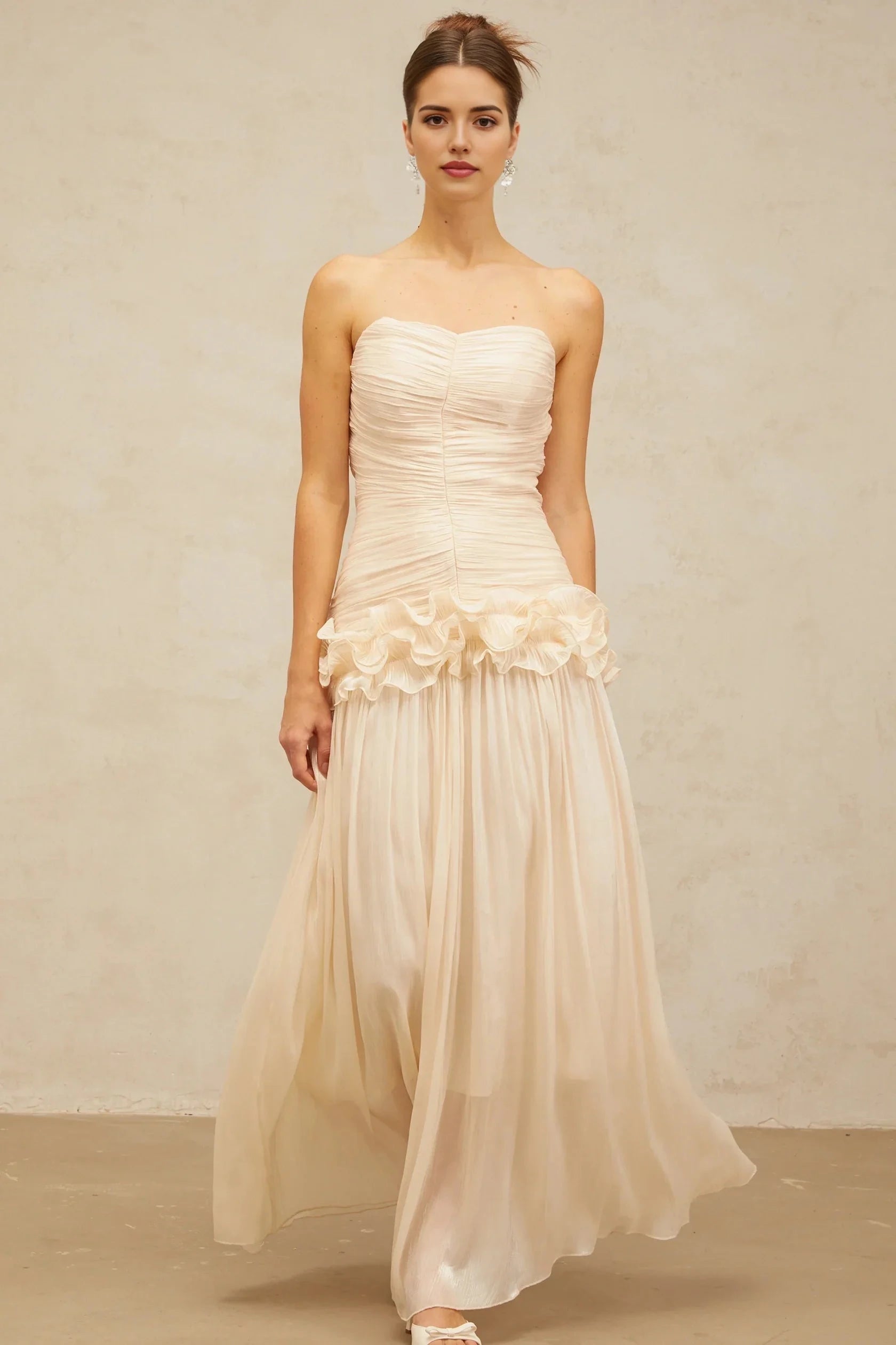 Cream-Strapless-Ruched-Maxi-Dress-with-Ruffle-Detail neutrals ruffled pleated maxi dress by YiHuiw