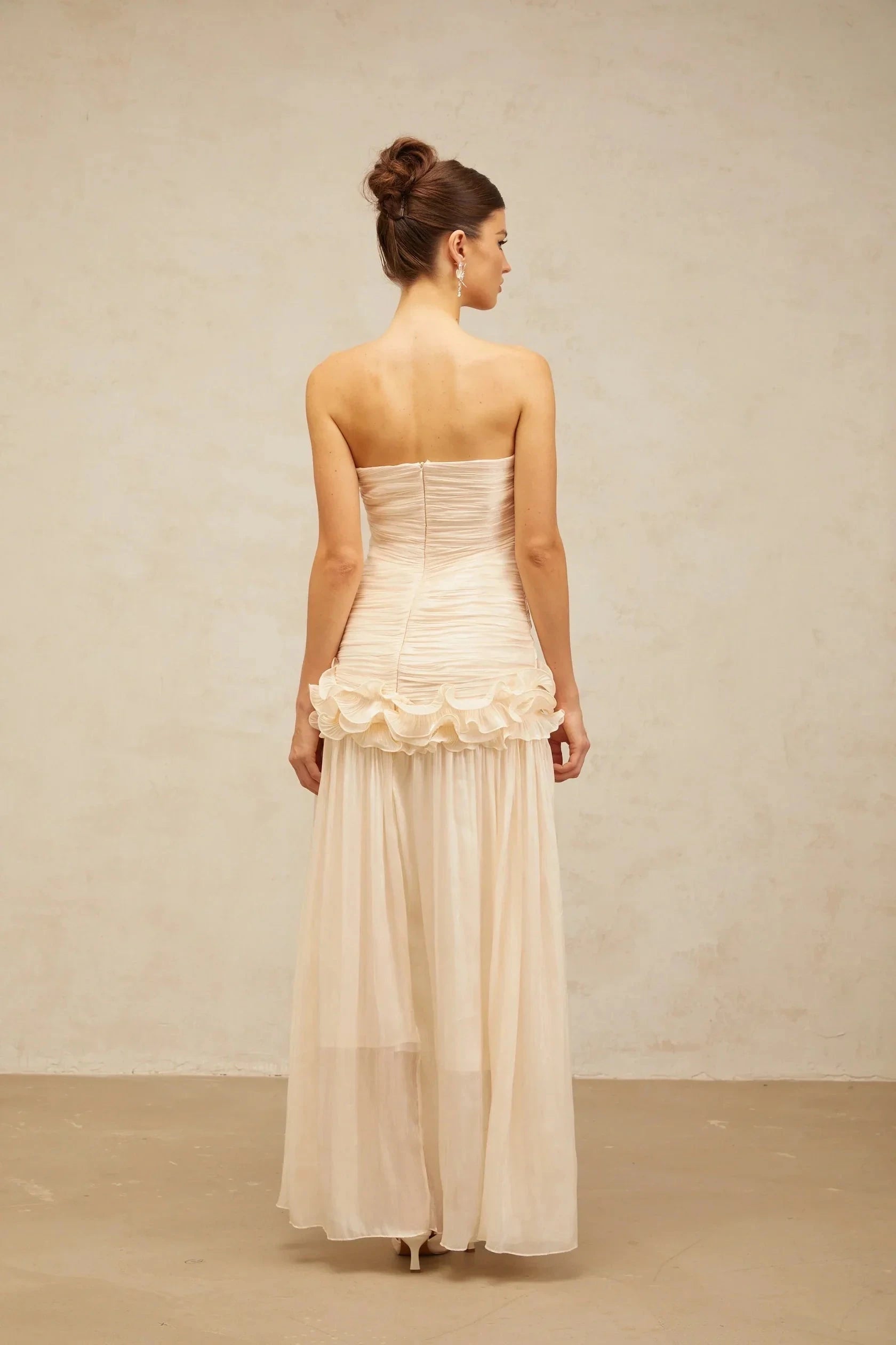 Cream-Strapless-Ruched-Maxi-Dress-with-Ruffle-Detail neutrals ruffled pleated maxi dress by YiHuiw