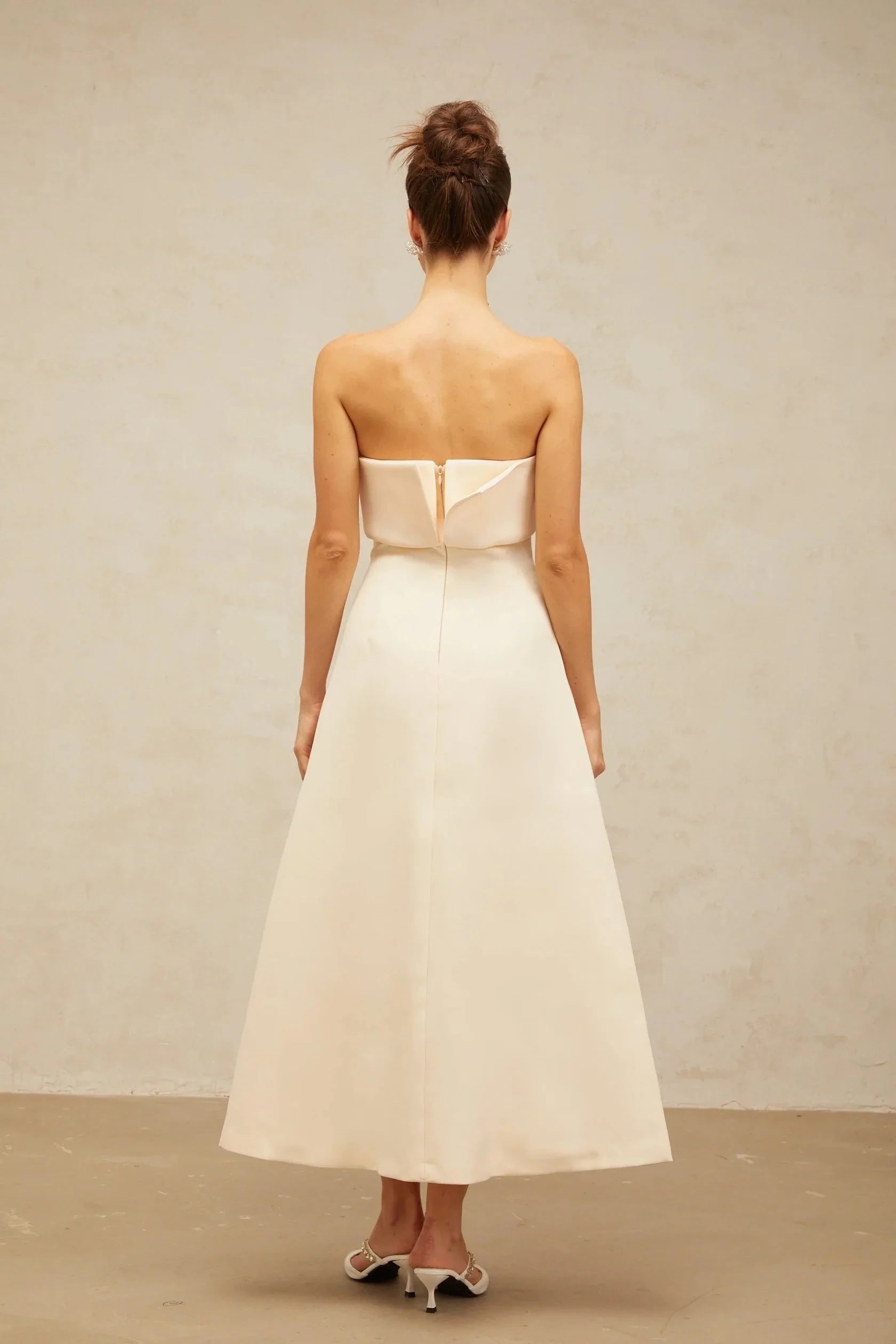 Cream Strapless Structured Midi Dress white folded corset midi dress Evening Dress by YiHuiw
