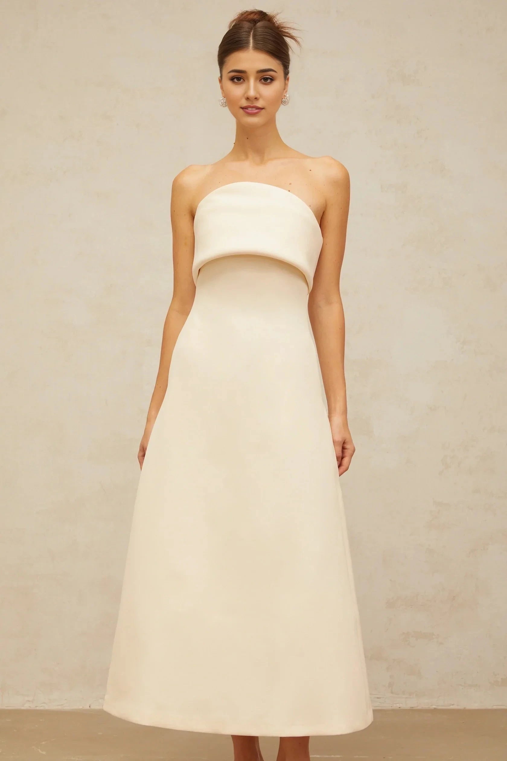 Cream Strapless Structured Midi Dress white folded corset midi dress Evening Dress by YiHuiw
