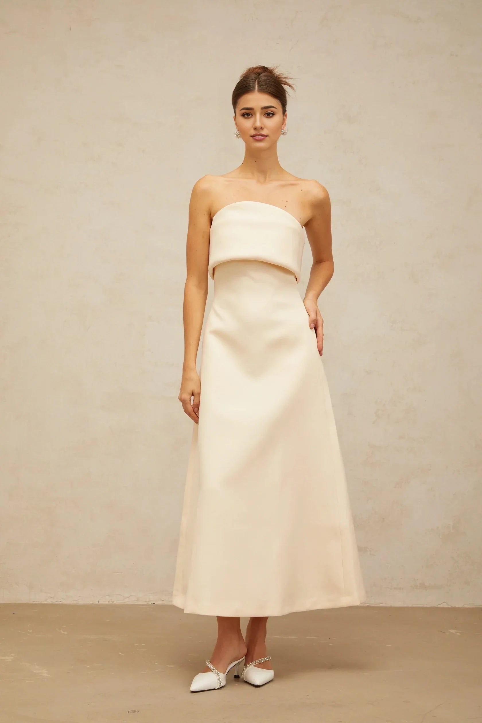 Cream Strapless Structured Midi Dress white folded corset midi dress Evening Dress by YiHuiw
