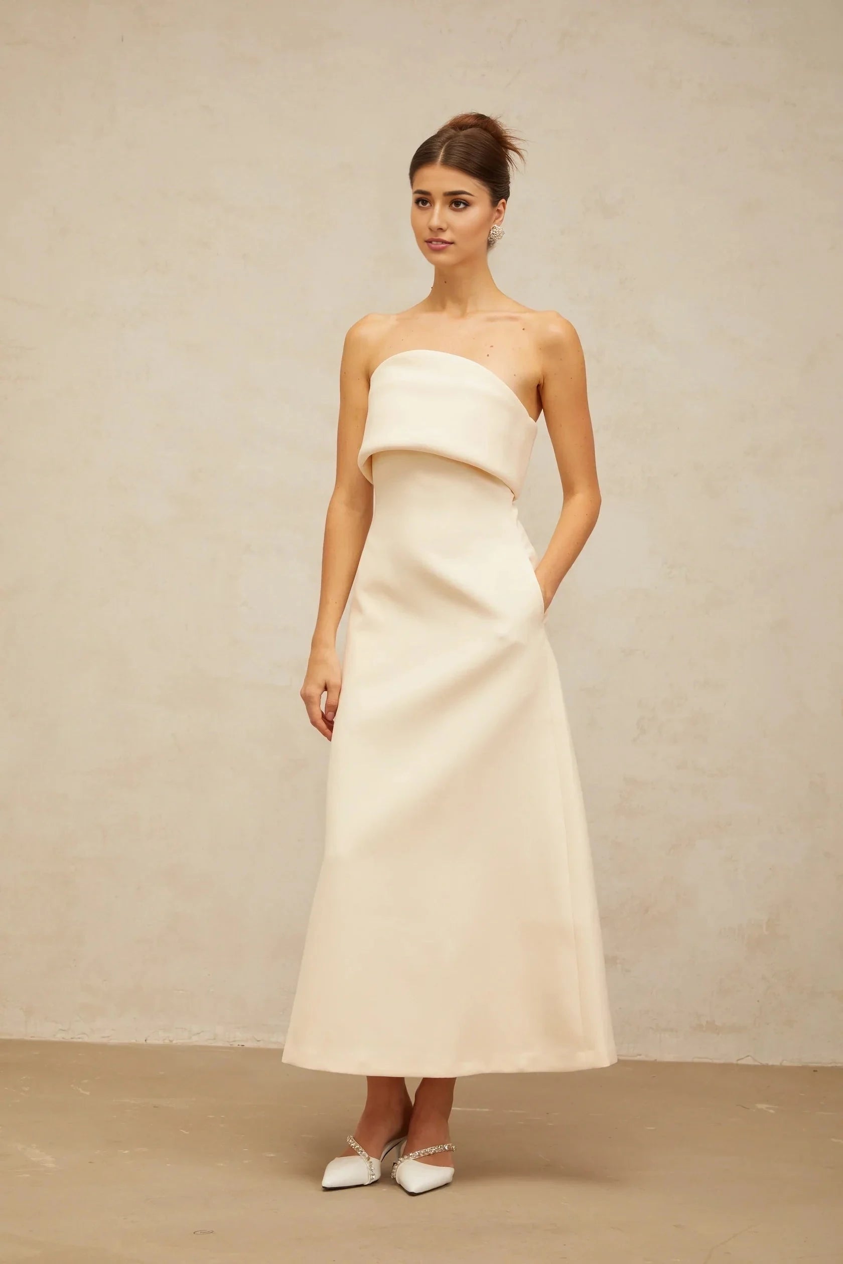 Cream Strapless Structured Midi Dress white folded corset midi dress Evening Dress by YiHuiw