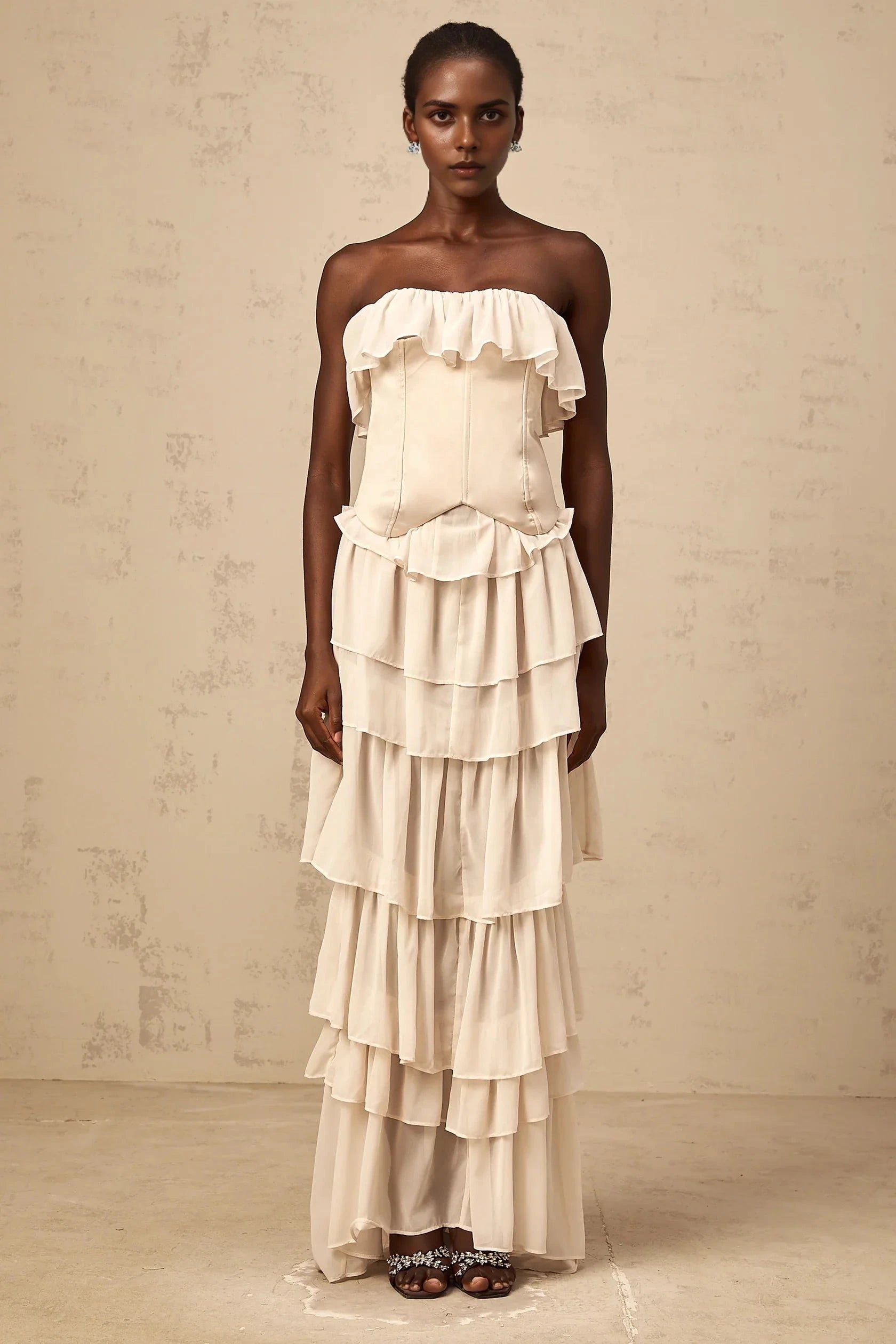 Cream Strapless Tiered Ruffle Evening Gown beige off-shoulder tiered corset & dress matching Evening Dress by YiHuiw