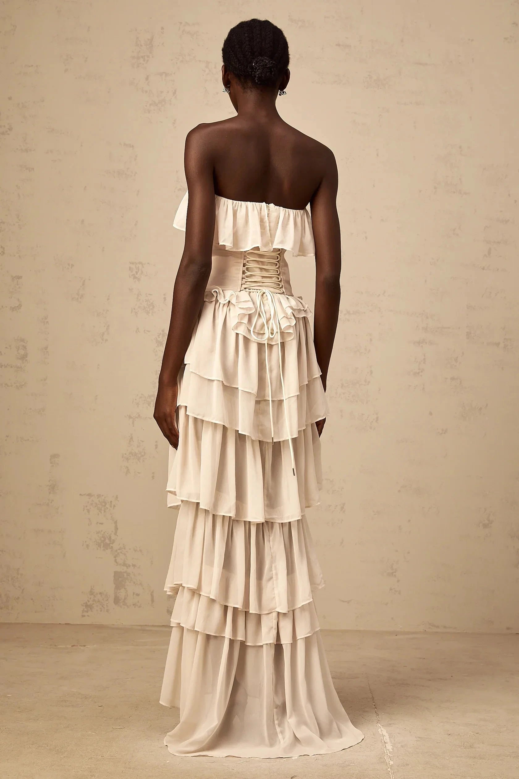 Cream Strapless Tiered Ruffle Evening Gown beige off-shoulder tiered corset & dress matching Evening Dress by YiHuiw