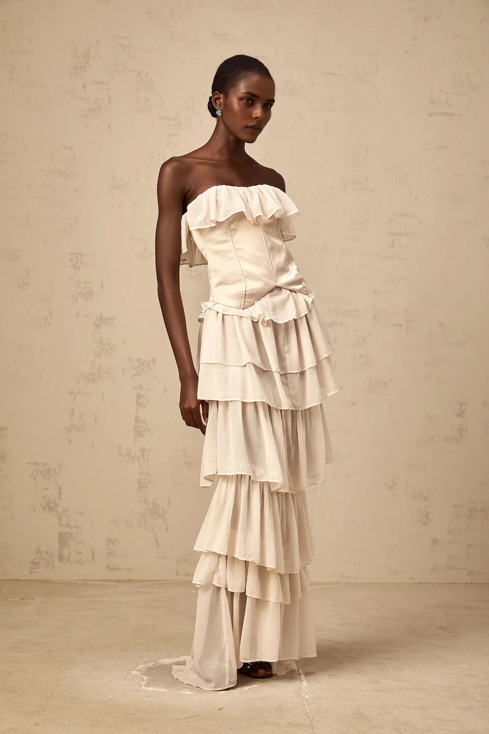 Cream Strapless Tiered Ruffle Evening Gown beige off-shoulder tiered corset & dress matching Evening Dress by YiHuiw
