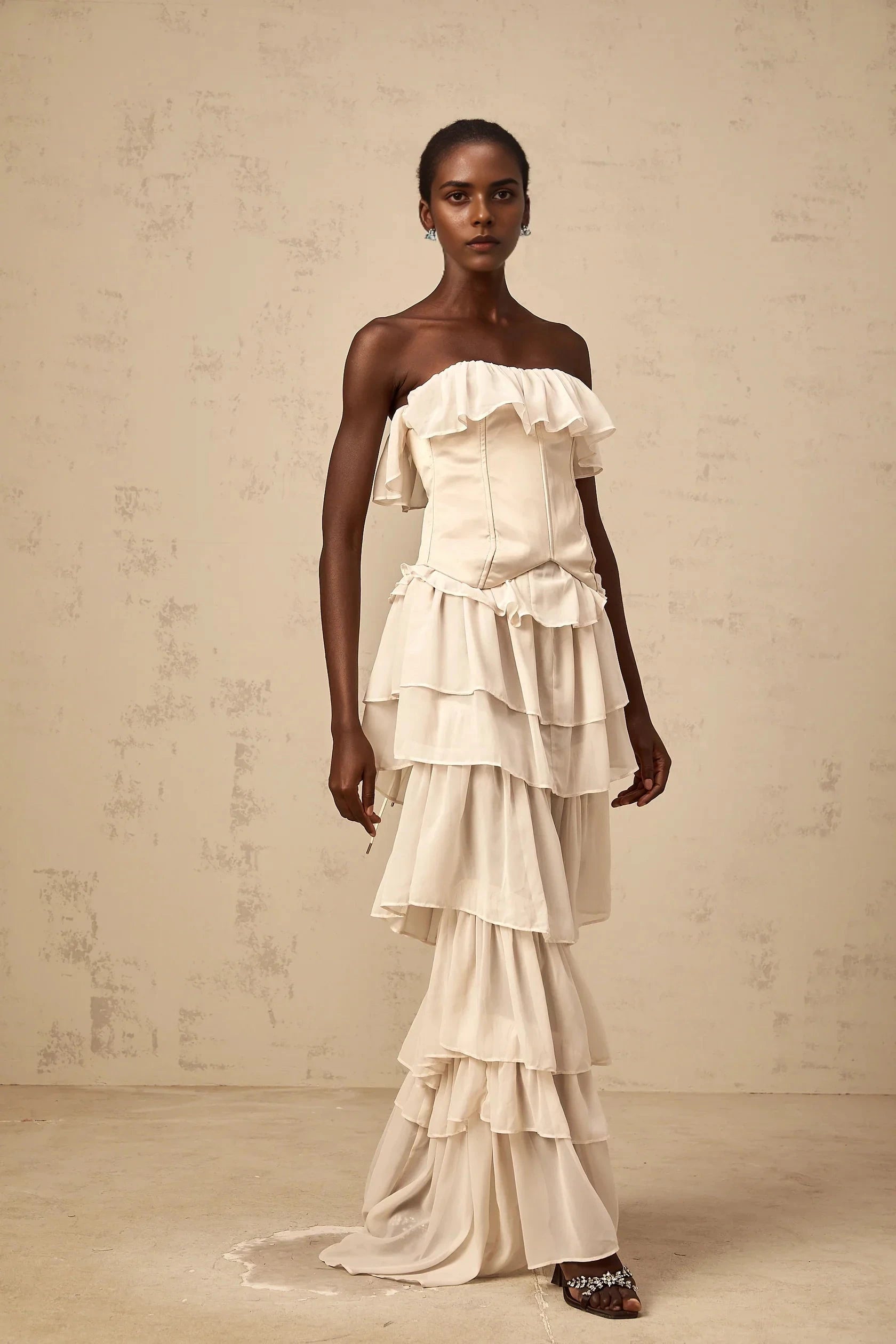 Cream Strapless Tiered Ruffle Evening Gown beige off-shoulder tiered corset & dress matching Evening Dress by YiHuiw