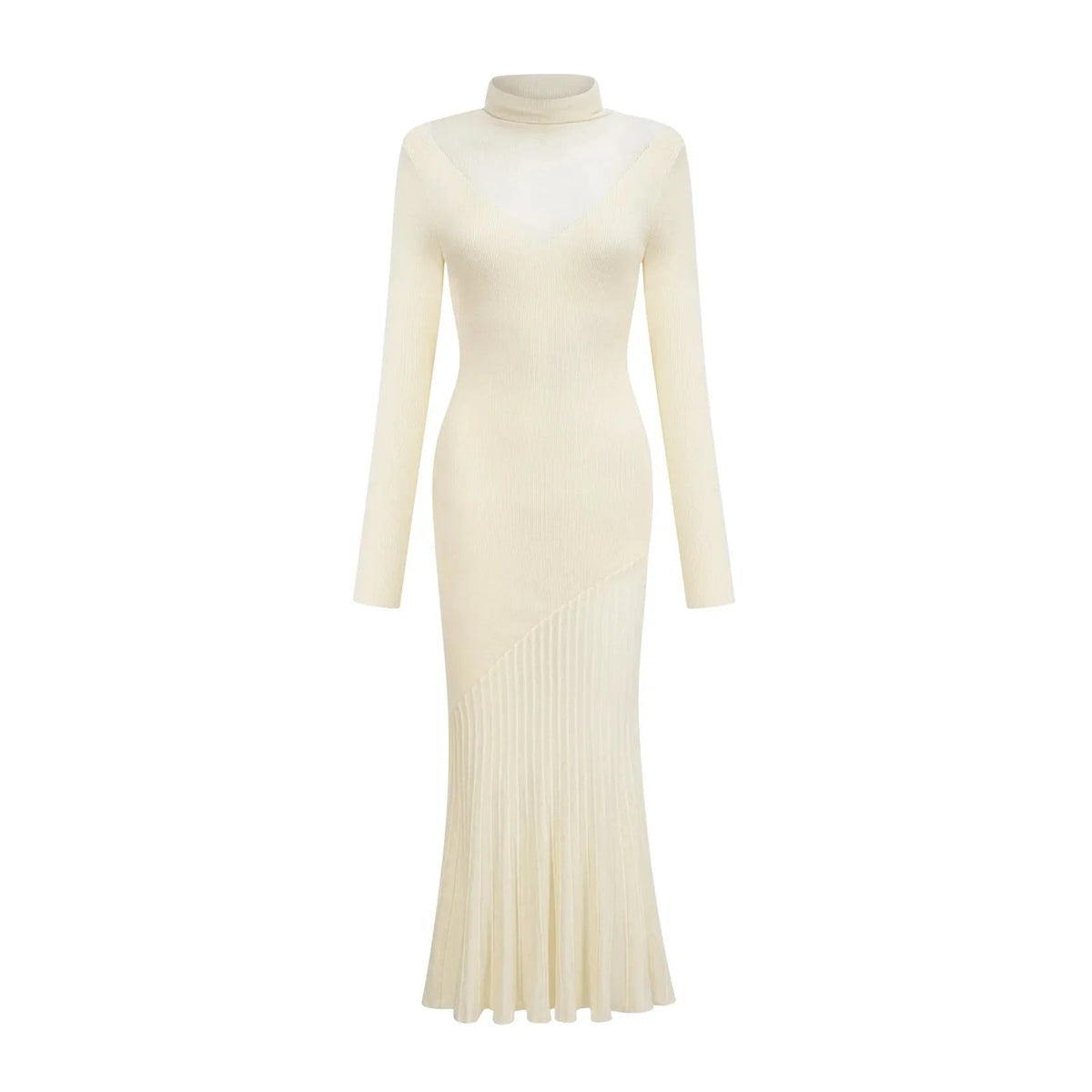 Cream Turtleneck Knit Midi Dress with Pleated Skirt white knitted pleated midi dress Evening Dress by YiHuiw