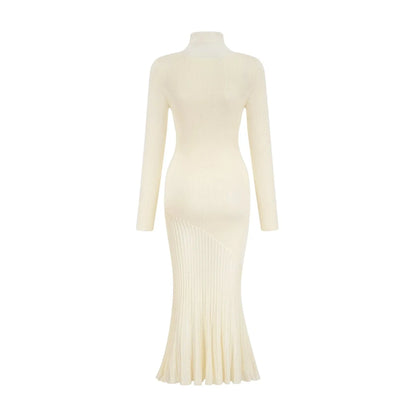 Cream Turtleneck Knit Midi Dress with Pleated Skirt white knitted pleated midi dress Evening Dress by YiHuiw