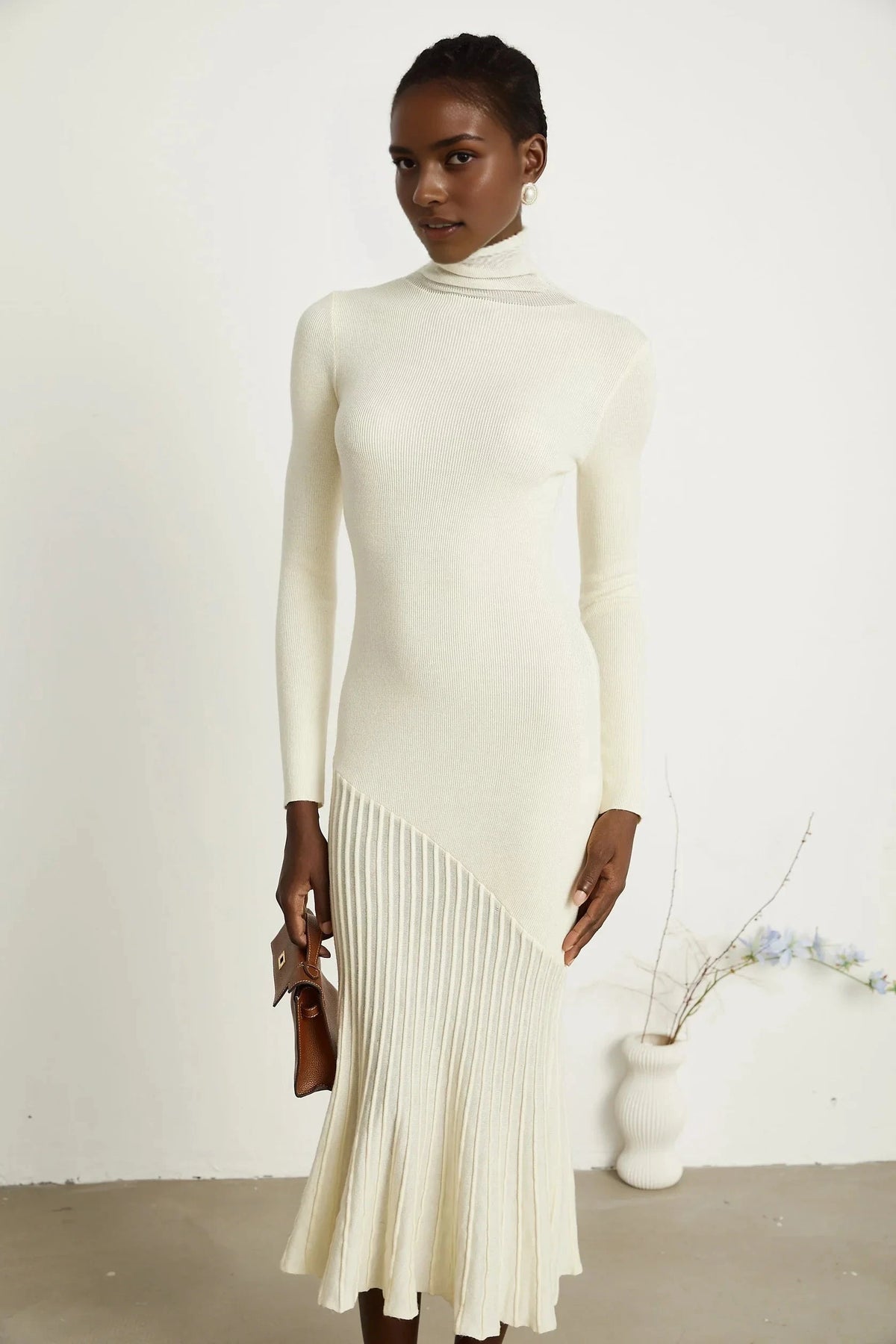 Cream Turtleneck Knit Midi Dress with Pleated Skirt white knitted pleated midi dress Evening Dress by YiHuiw