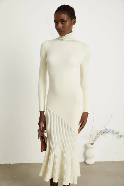 Cream Turtleneck Knit Midi Dress with Pleated Skirt white knitted pleated midi dress Evening Dress by YiHuiw