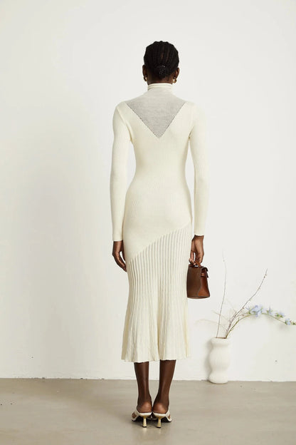 Cream Turtleneck Knit Midi Dress with Pleated Skirt white knitted pleated midi dress Evening Dress by YiHuiw