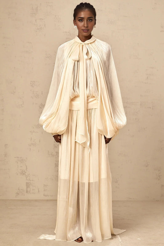 Creamy White Tie - Neck Cape - Sleeve Maxi Dress Mila pleated satin maxi dress in Neutrals Evening Dress by YiHuiw