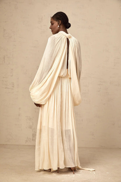 Creamy White Tie - Neck Cape - Sleeve Maxi Dress Mila pleated satin maxi dress in Neutrals Evening Dress by YiHuiw