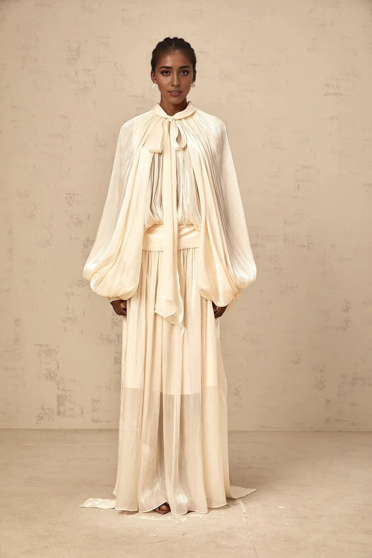 Creamy White Tie - Neck Cape - Sleeve Maxi Dress Mila pleated satin maxi dress in Neutrals Evening Dress by YiHuiw