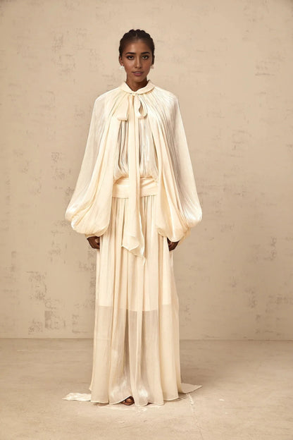 Creamy White Tie - Neck Cape - Sleeve Maxi Dress Mila pleated satin maxi dress in Neutrals Evening Dress by YiHuiw