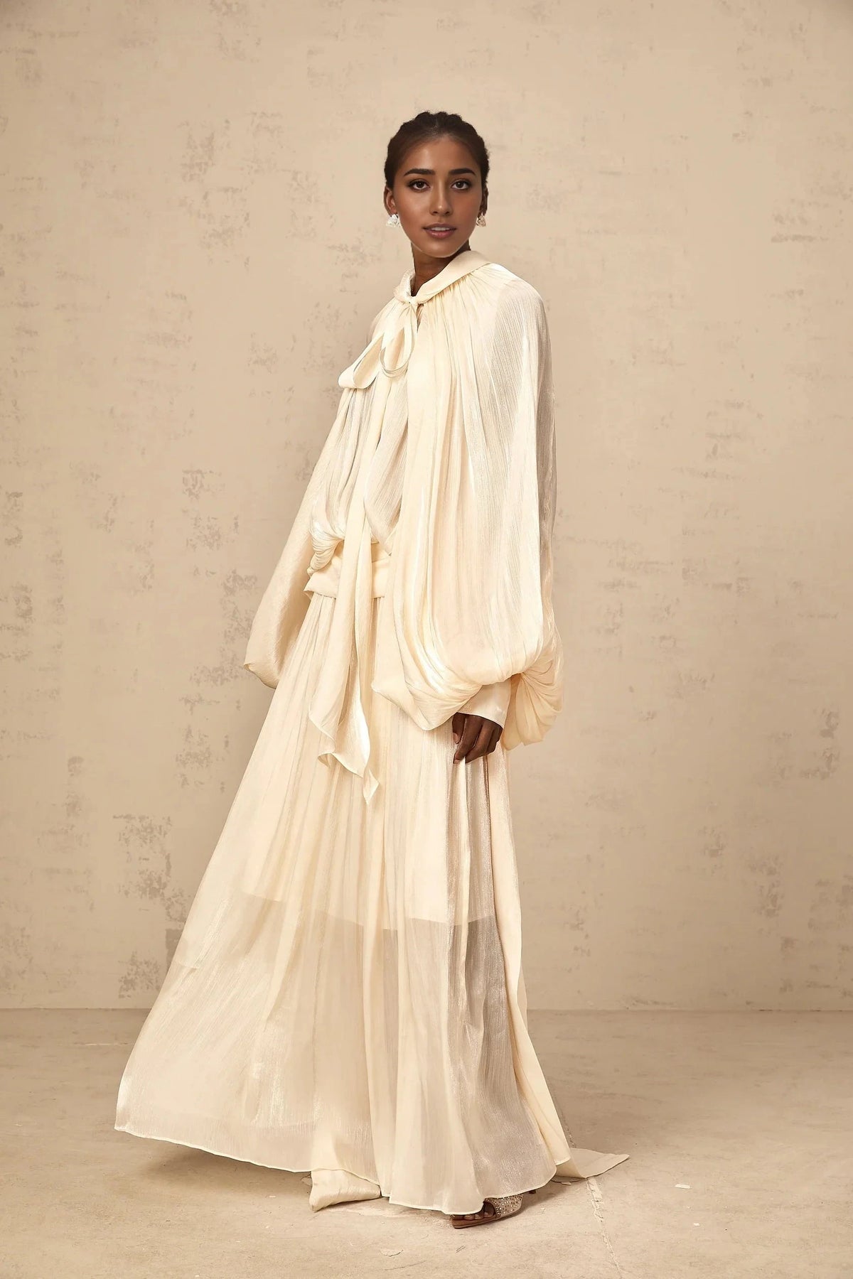 Creamy White Tie - Neck Cape - Sleeve Maxi Dress Mila pleated satin maxi dress in Neutrals Evening Dress by YiHuiw