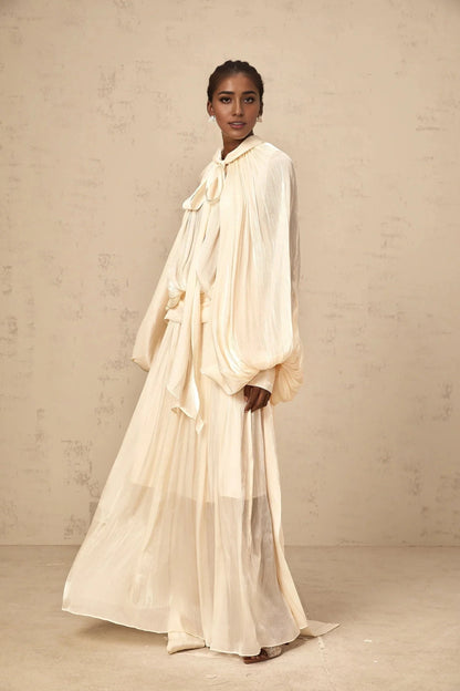 Creamy White Tie - Neck Cape - Sleeve Maxi Dress Mila pleated satin maxi dress in Neutrals Evening Dress by YiHuiw