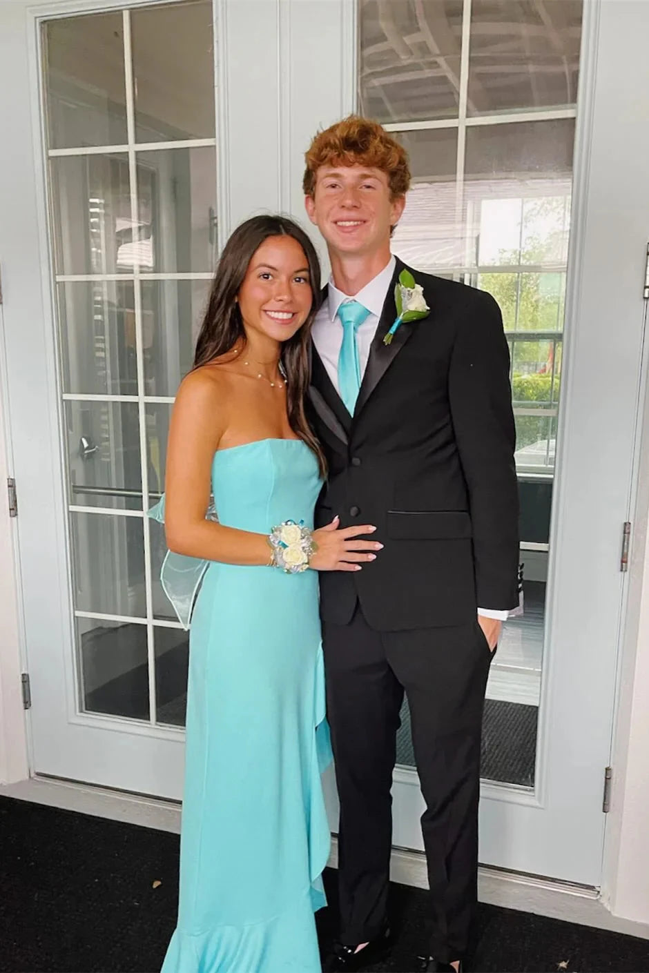 Crepe Strapless Sweetheart Organza Bow-Back Asymmetric Ruffle Trumpet Prom Dress by JiMiss Dresses