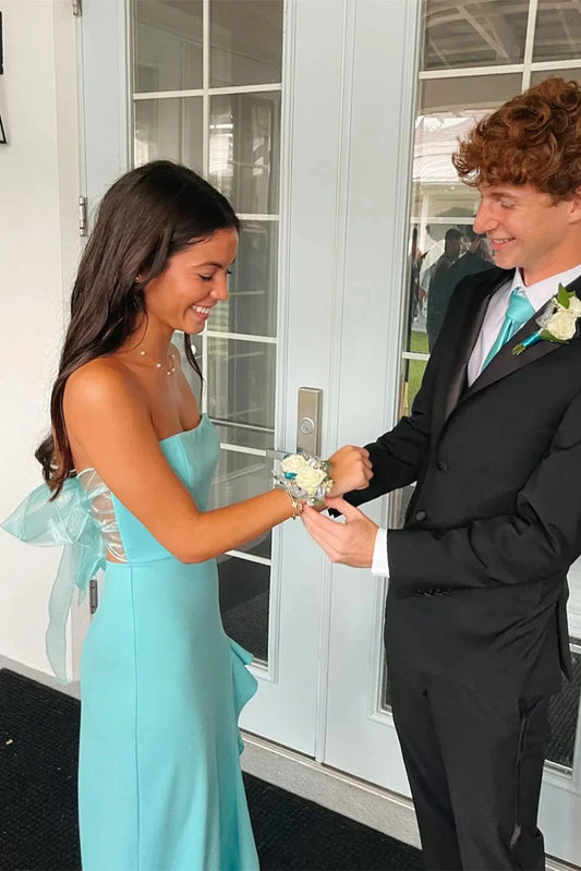 Crepe Strapless Sweetheart Organza Bow-Back Asymmetric Ruffle Trumpet Prom Dress by JiMiss Dresses