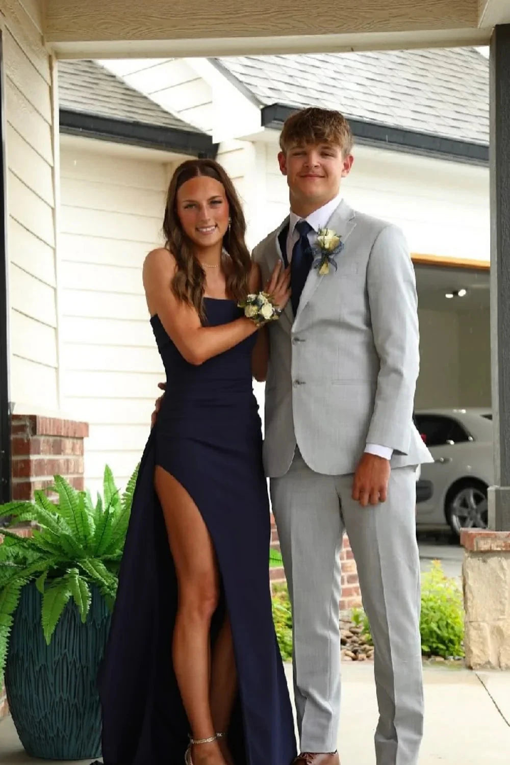 Crepe Strapless Sweetheart Ruched Bodice High-Slit Sheath Floor-Length Prom Dress by JiMiss Dresses