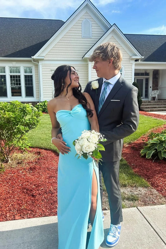 Crepe Strapless Sweetheart Twist Bodice High-Slit Sheath Floor-Length Prom Dress by JiMiss Dresses