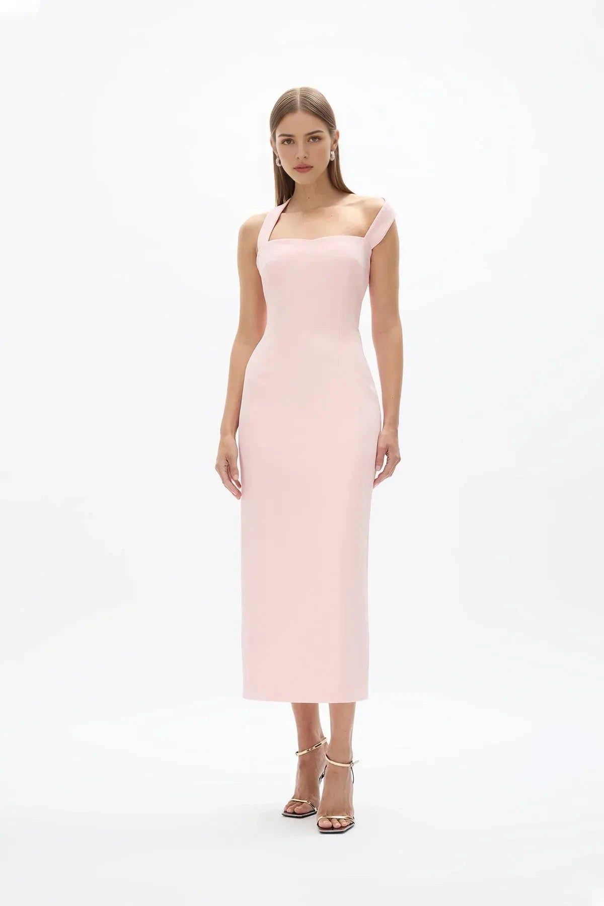 Cross Strap Sheath Square Neck Sleeveless Zipper Back High Slit Midi Length Female Prom Dress by YiHuiw
