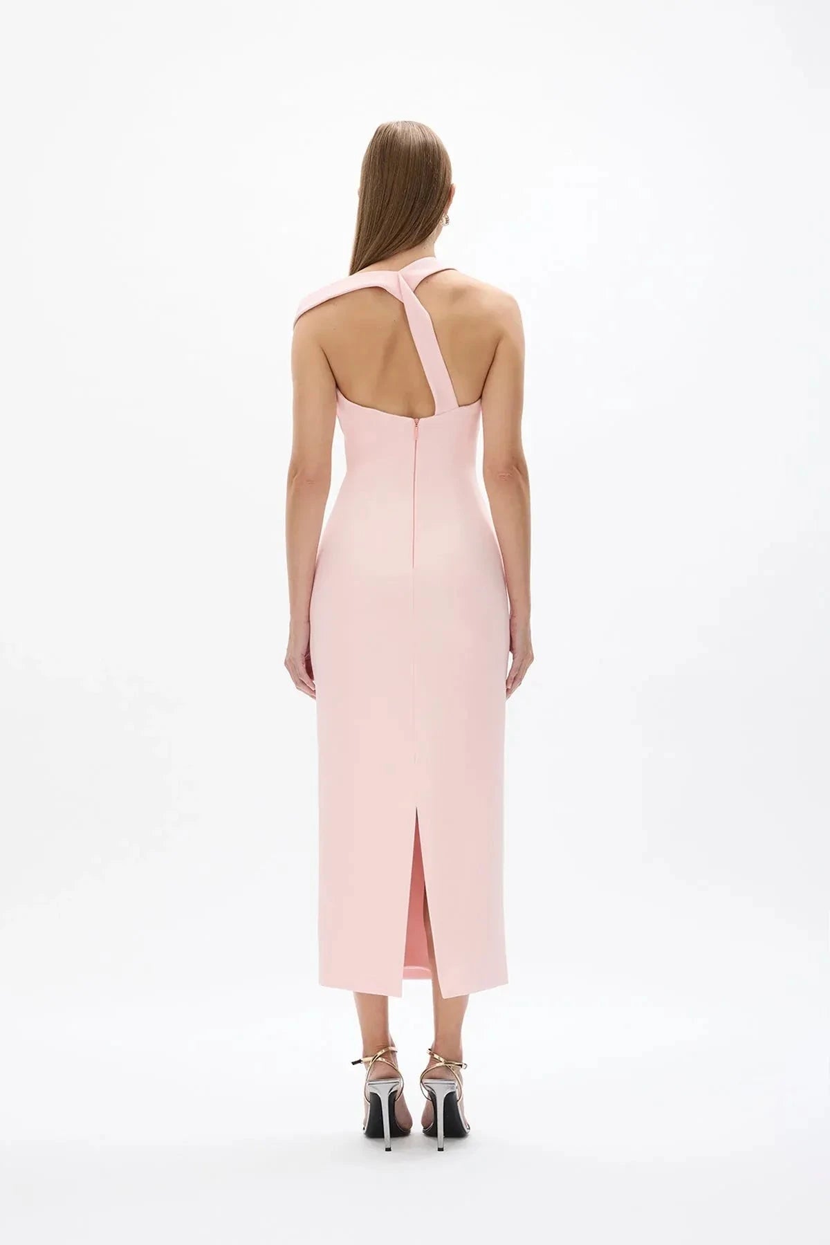 Cross Strap Sheath Square Neck Sleeveless Zipper Back High Slit Midi Length Female Prom Dress by YiHuiw