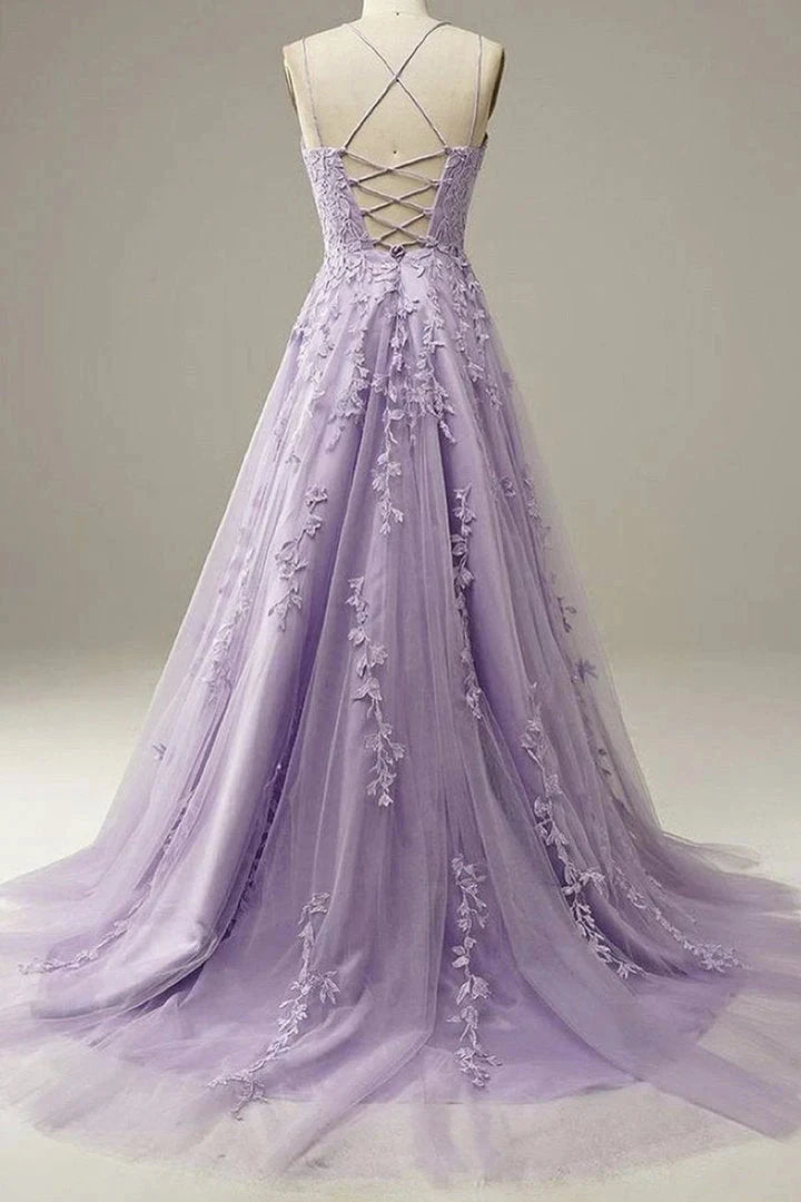 Custom Made Lace Lilac Prom Dresses Long Evening Dress Spaghetti Straps Formal Gown with Train simple gentle atmospheric and unique desi Bring summer colors to enhance whitenes by YiHuiw