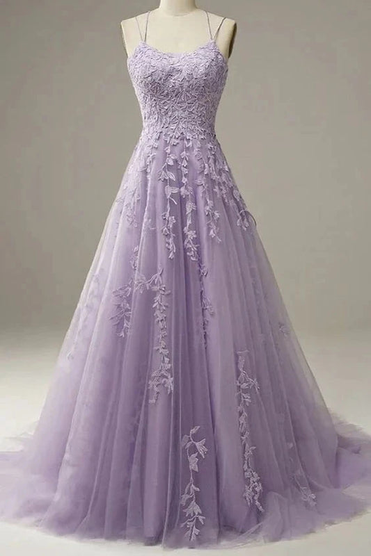 Custom Made Lace Lilac Prom Dresses Long Evening Dress Spaghetti Straps Formal Gown with Train simple gentle atmospheric and unique desi Bring summer colors to enhance whitenes by YiHuiw