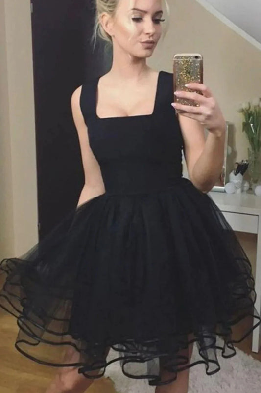 Black Tulle Homecoming Dress with Square Neckline – Elegant Fit and Flare Cocktail Mini Dress