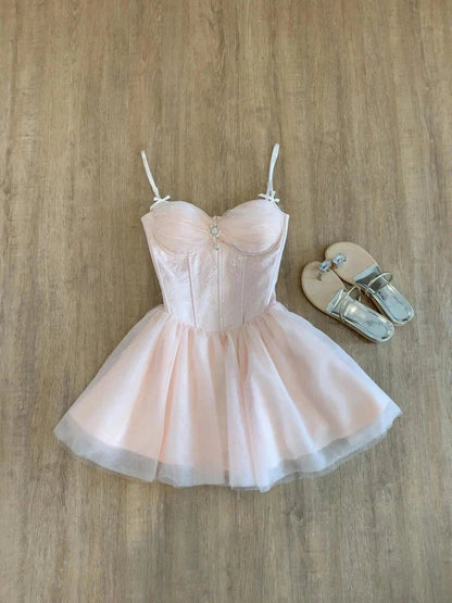 Cute A Line Spaghetti Straps Pink Tulle Formal 8th Grade Homecoming Dresses Middle School Short Birthday Gowns Graduation Dress Hoco Outfits simple gentle atmospheric and unique desi Bring summer colors to enhance whiteness by YiHuiw