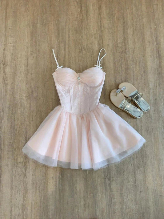Cute A Line Spaghetti Straps Pink Tulle Formal 8th Grade Homecoming Dresses Middle School Short Birthday Gowns Graduation Dress Hoco Outfits simple gentle atmospheric and unique desi Bring summer colors to enhance whiteness by YiHuiw