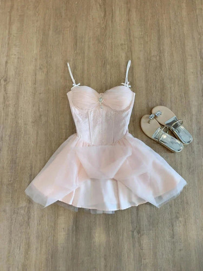 Cute A Line Spaghetti Straps Pink Tulle Formal 8th Grade Homecoming Dresses Middle School Short Birthday Gowns Graduation Dress Hoco Outfits simple gentle atmospheric and unique desi Bring summer colors to enhance whiteness by YiHuiw