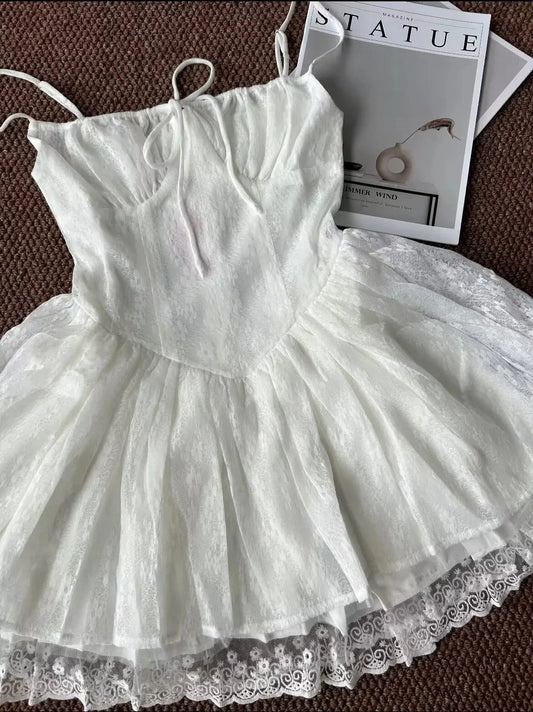 Cute A Line Spaghetti Straps White Lace Formal Homecoming Dresses Short 16th Birthday Outfits Graduation Dress Mini Cocktail Dresses by YiHuiw
