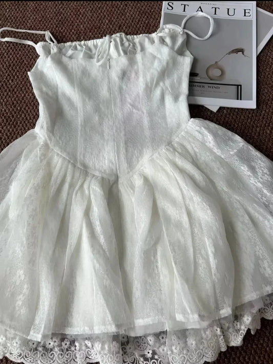 Cute A Line Spaghetti Straps White Lace Formal Homecoming Dresses Short 16th Birthday Outfits Graduation Dress Mini Cocktail Dresses by YiHuiw