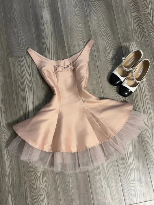 Cute A line Scoop Pink Satin Short Mini Formal 8th Grade Homecoming Dresses Middle School Short Cocktail Dress Hoco Outfits simple gentle atmospheric and unique desi Bring summer colors to enhance whiteness by YiHuiw