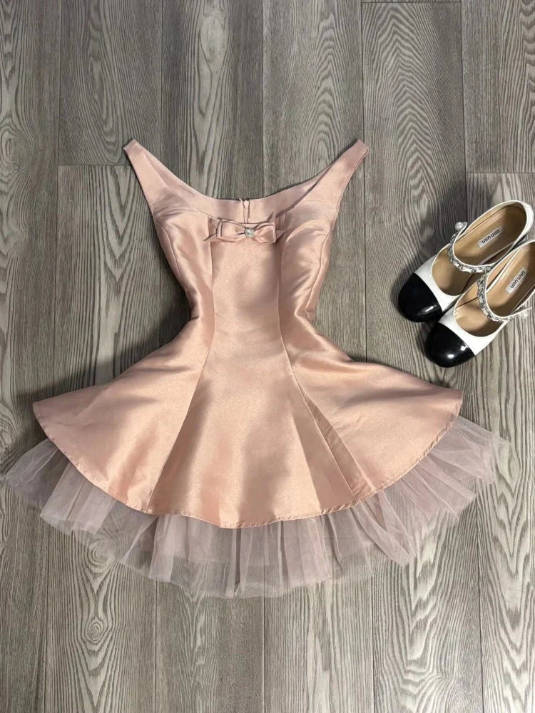 Cute A line Scoop Pink Satin Short Mini Formal 8th Grade Homecoming Dresses Middle School Short Cocktail Dress Hoco Outfits simple gentle atmospheric and unique desi Bring summer colors to enhance whiteness by YiHuiw