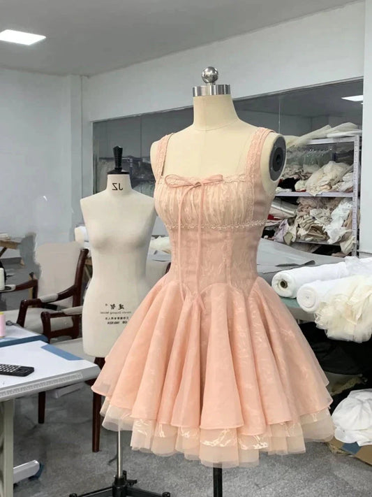Cute Ball Gown Square Neck Lace Pink Short Mini Formal 8th Grade Homecoming Dresses Middle School Short Cocktail Dress Hoco Outfits simple gentle atmospheric and unique desi Bring summer colors to enhance whiteness by YiHuiw