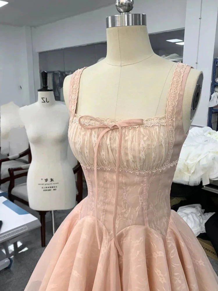 Cute Ball Gown Square Neck Lace Pink Short Mini Formal 8th Grade Homecoming Dresses Middle School Short Cocktail Dress Hoco Outfits simple gentle atmospheric and unique desi Bring summer colors to enhance whiteness by YiHuiw