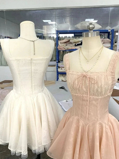 Cute Ball Gown Square Neck Lace Pink Short Mini Formal 8th Grade Homecoming Dresses Middle School Short Cocktail Dress Hoco Outfits simple gentle atmospheric and unique desi Bring summer colors to enhance whiteness by YiHuiw