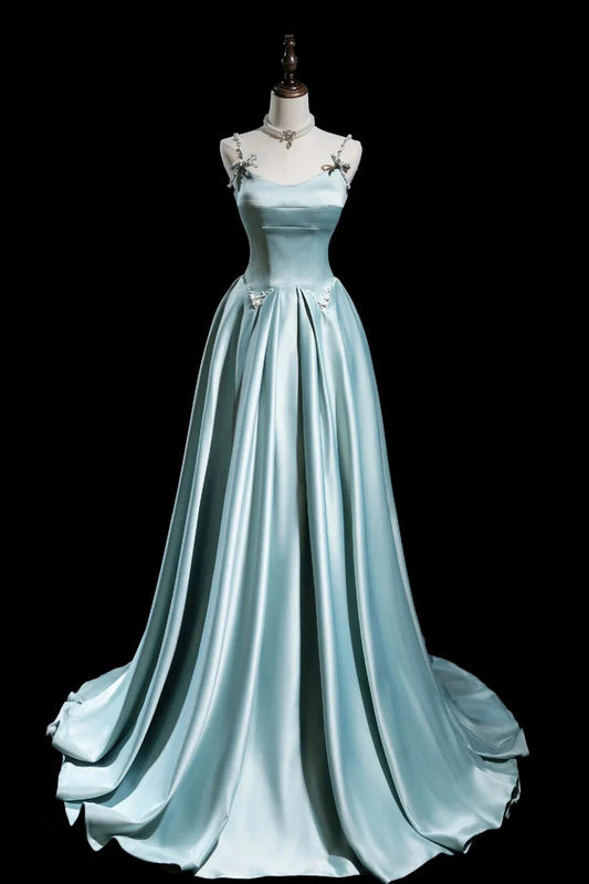 Cute Satin Long A-Line Prom Dress Spaghetti Straps Evening Dress simple gentle atmospheric and unique desi Bring summer by YiHuiw