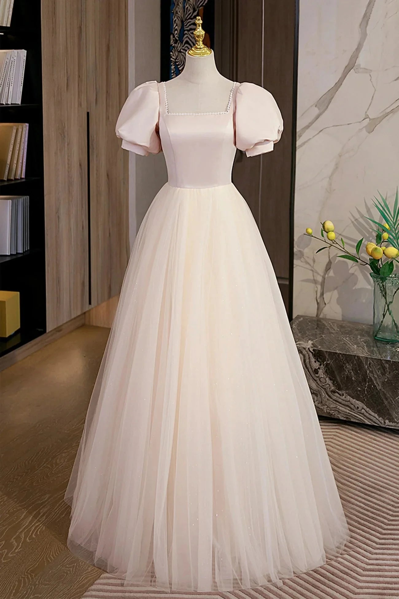 Cute Satin Tulle Long Prom Dress A-Line Short Sleeve Evening Dress simple gentle atmospheric and unique desi Bring summer colors to enhance whitenes by YiHuiw