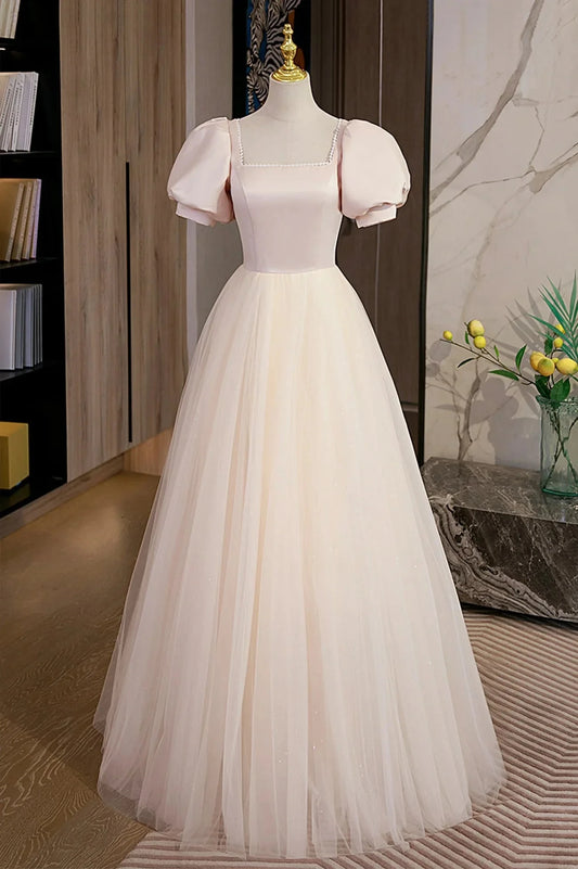Cute Satin Tulle Long Prom Dress A-Line Short Sleeve Evening Dress simple gentle atmospheric and unique desi Bring summer colors to enhance whitenes by YiHuiw