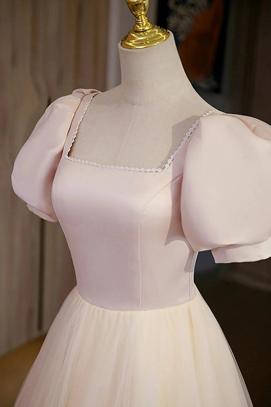 Cute Satin Tulle Long Prom Dress A-Line Short Sleeve Evening Dress simple gentle atmospheric and unique desi Bring summer colors to enhance whitenes by YiHuiw