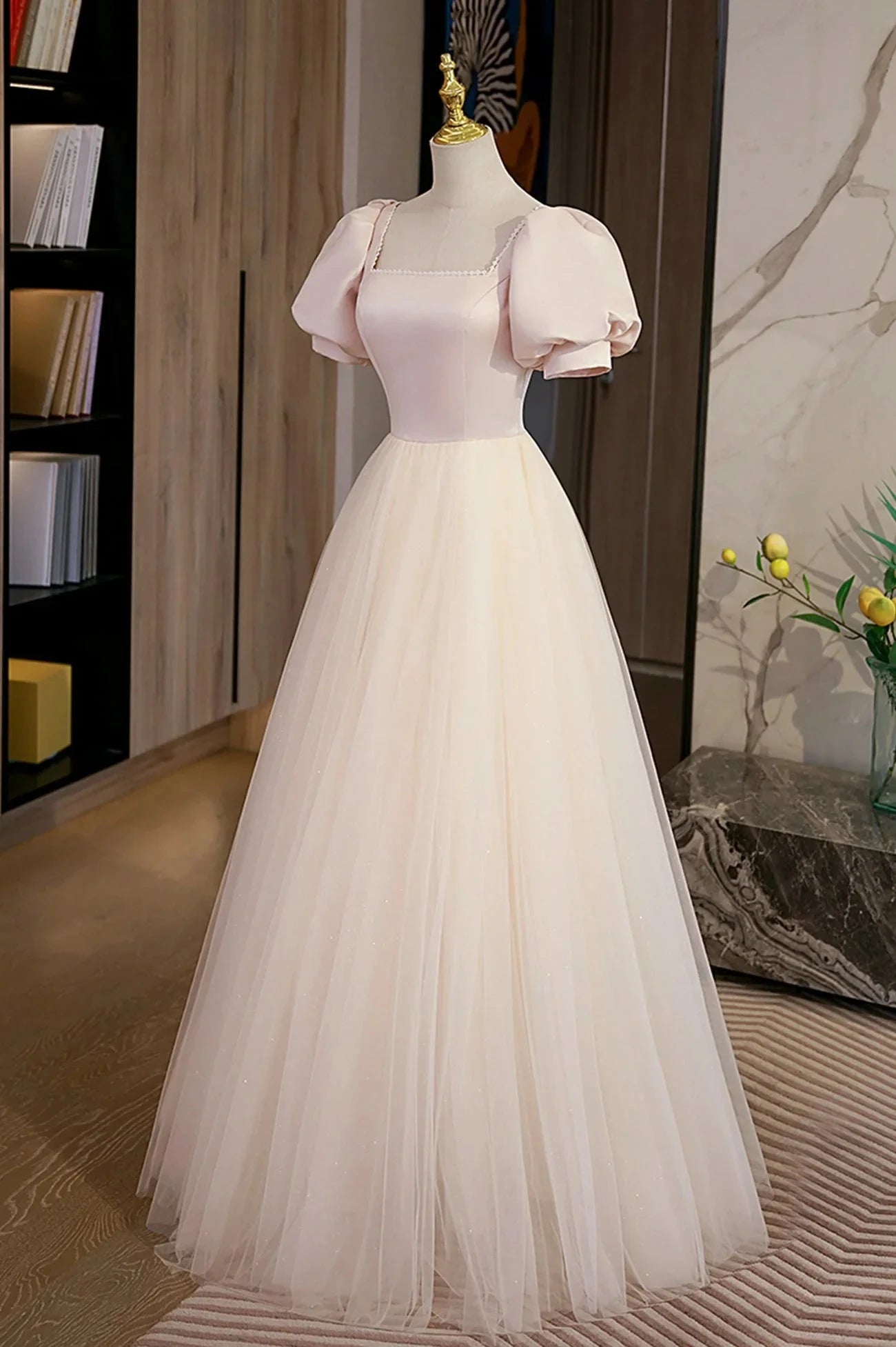 Cute Satin Tulle Long Prom Dress A-Line Short Sleeve Evening Dress simple gentle atmospheric and unique desi Bring summer colors to enhance whitenes by YiHuiw