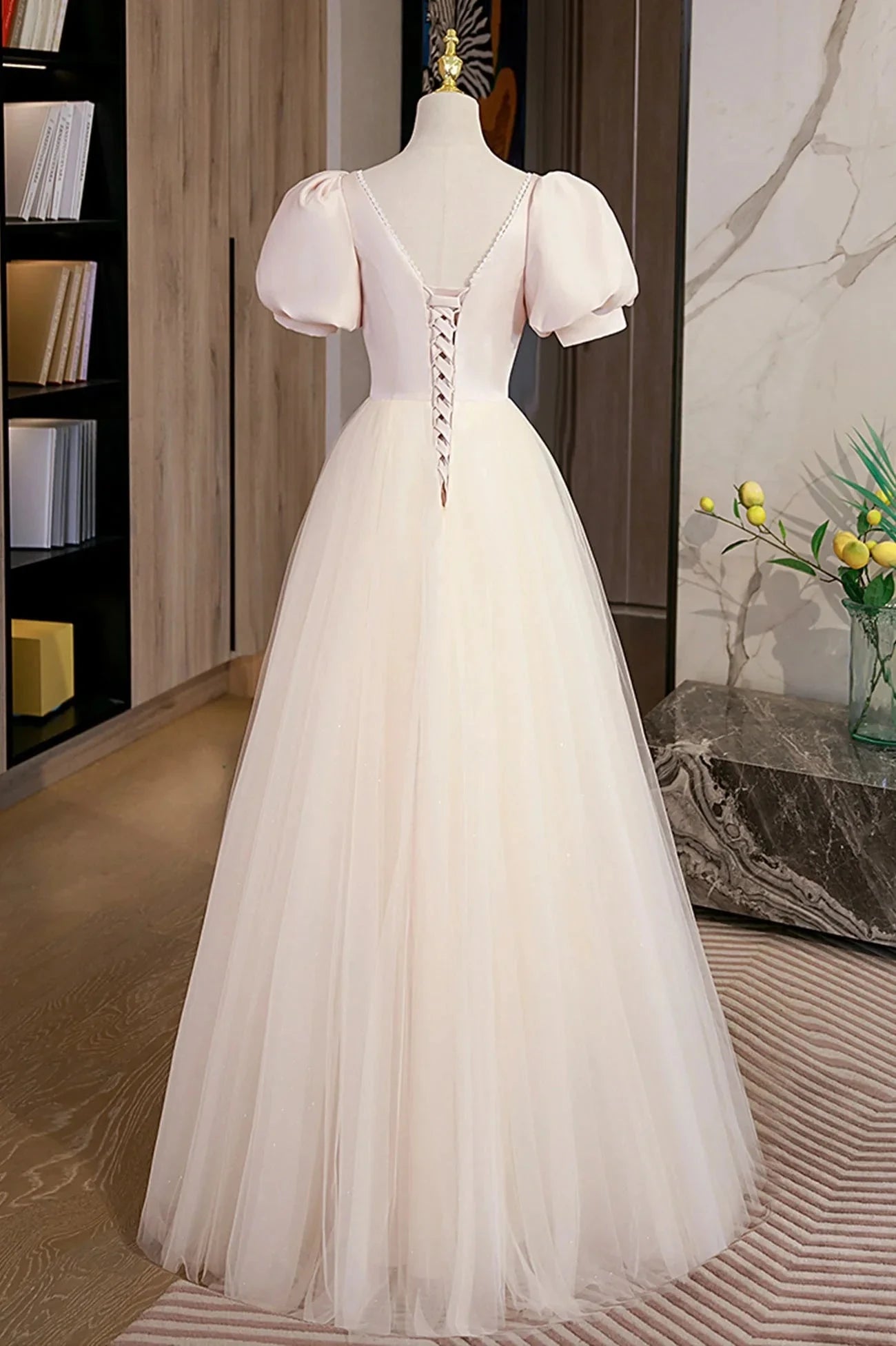 Cute Satin Tulle Long Prom Dress A-Line Short Sleeve Evening Dress simple gentle atmospheric and unique desi Bring summer colors to enhance whitenes by YiHuiw