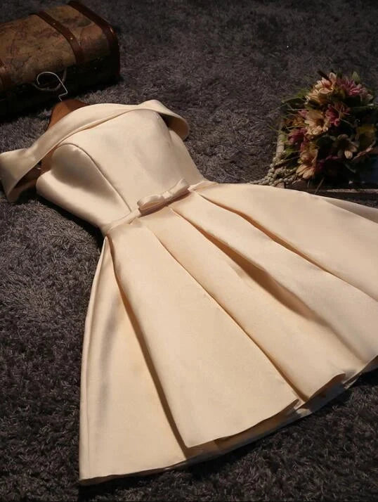 Cute Short Champagne Satin Party Dress Off Shoulder Prom Dresses simple gentle atmospheric and unique desi Bring summer colors to enhance whiteness by YiHuiw